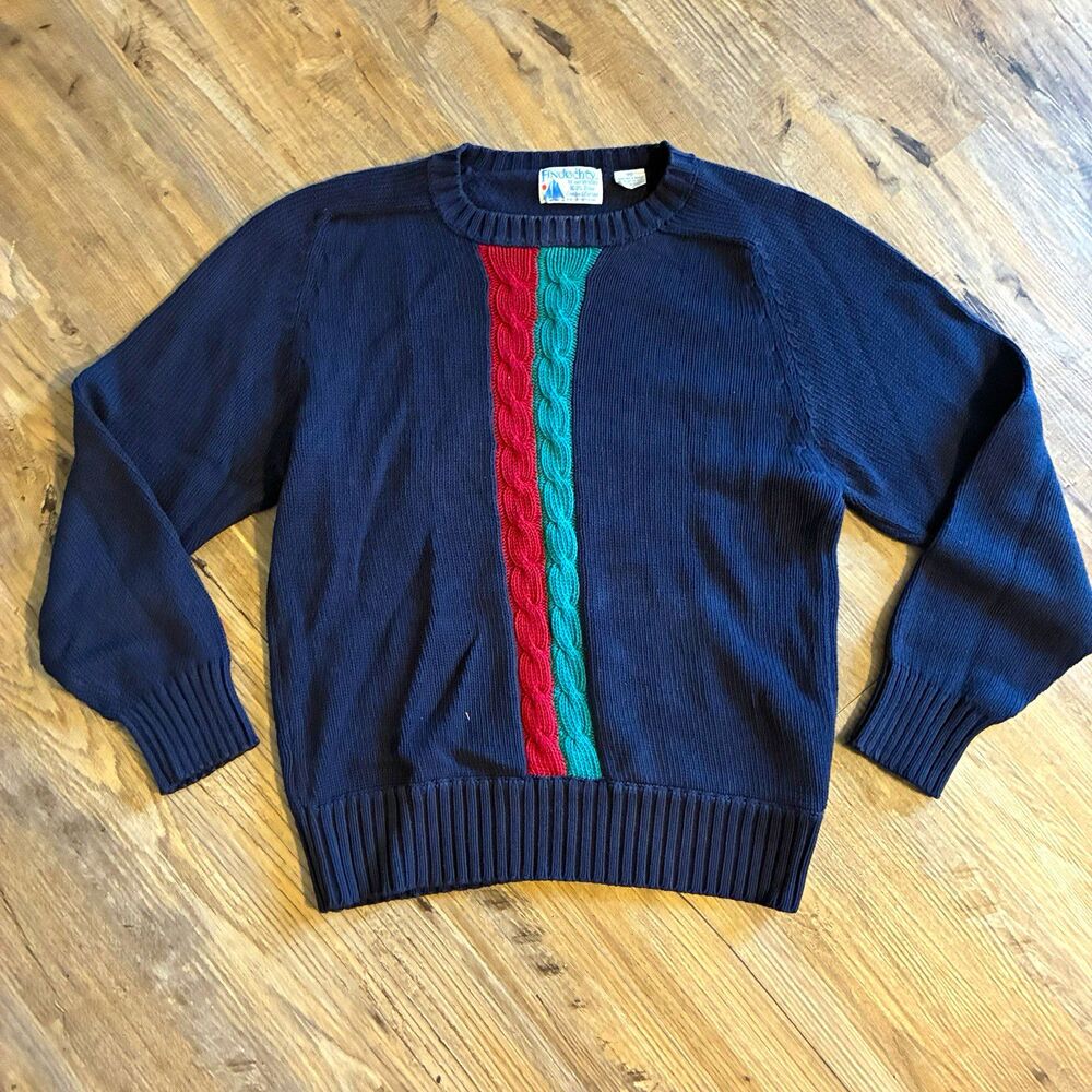 Women’s M Regular Navy Cotton Cable Knit Stripe Crew Neck Sweater